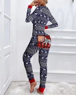 Christmas Print Plaid Functional Buttoned Flap Adults Pajamas