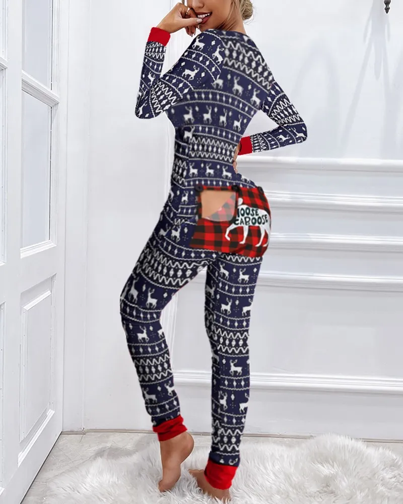 Christmas Print Plaid Functional Buttoned Flap Adults Pajamas