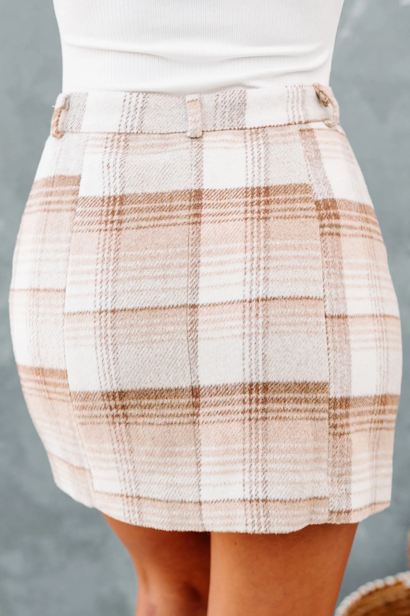 Coffee & Conversation Plaid Button-Down Mini Skirt (Brown)