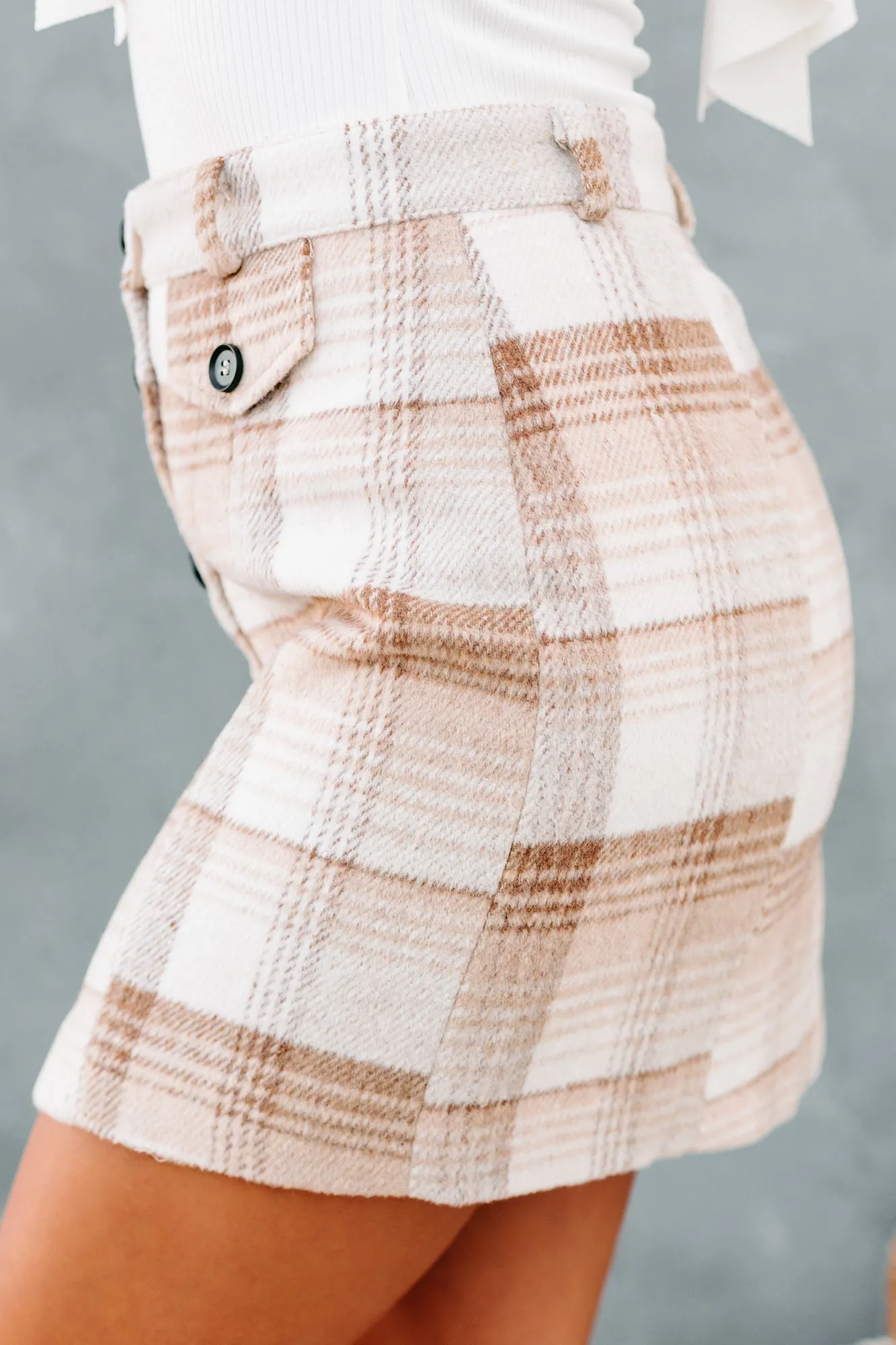 Coffee & Conversation Plaid Button-Down Mini Skirt (Brown)