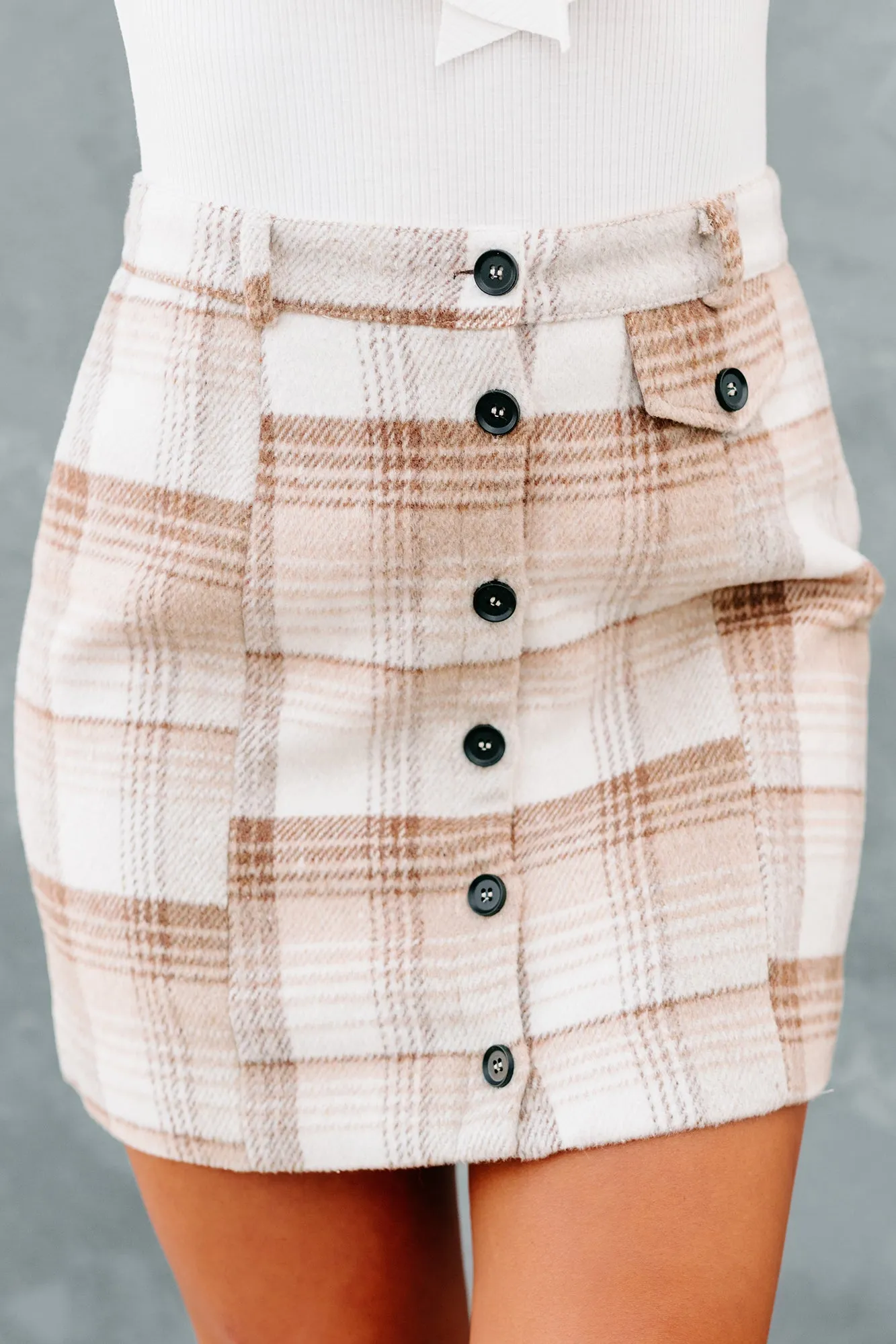 Coffee & Conversation Plaid Button-Down Mini Skirt (Brown)