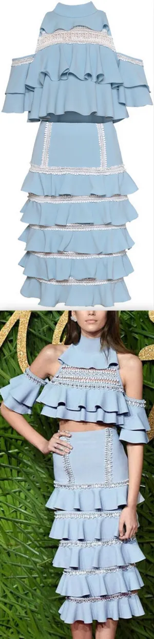 Cold-Shoulder Ruffle Tiered Top and Skirt Set in Light Blue