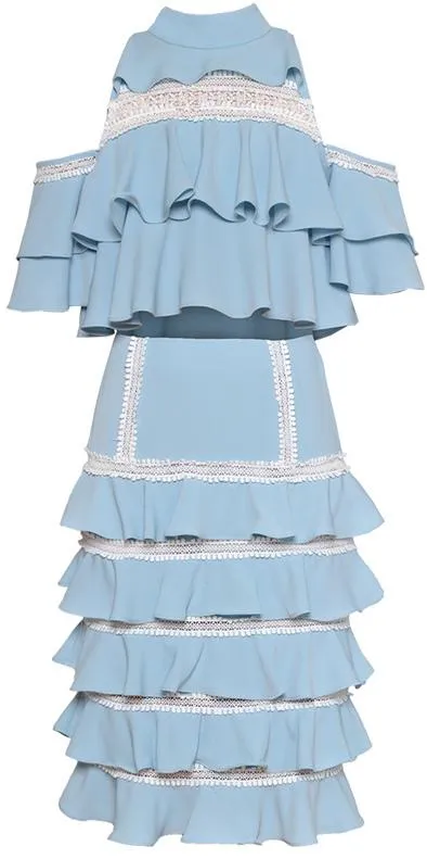 Cold-Shoulder Ruffle Tiered Top and Skirt Set in Light Blue