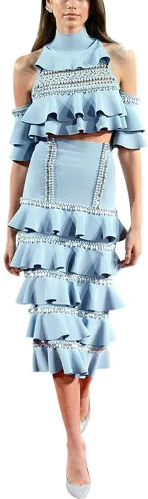 Cold-Shoulder Ruffle Tiered Top and Skirt Set in Light Blue