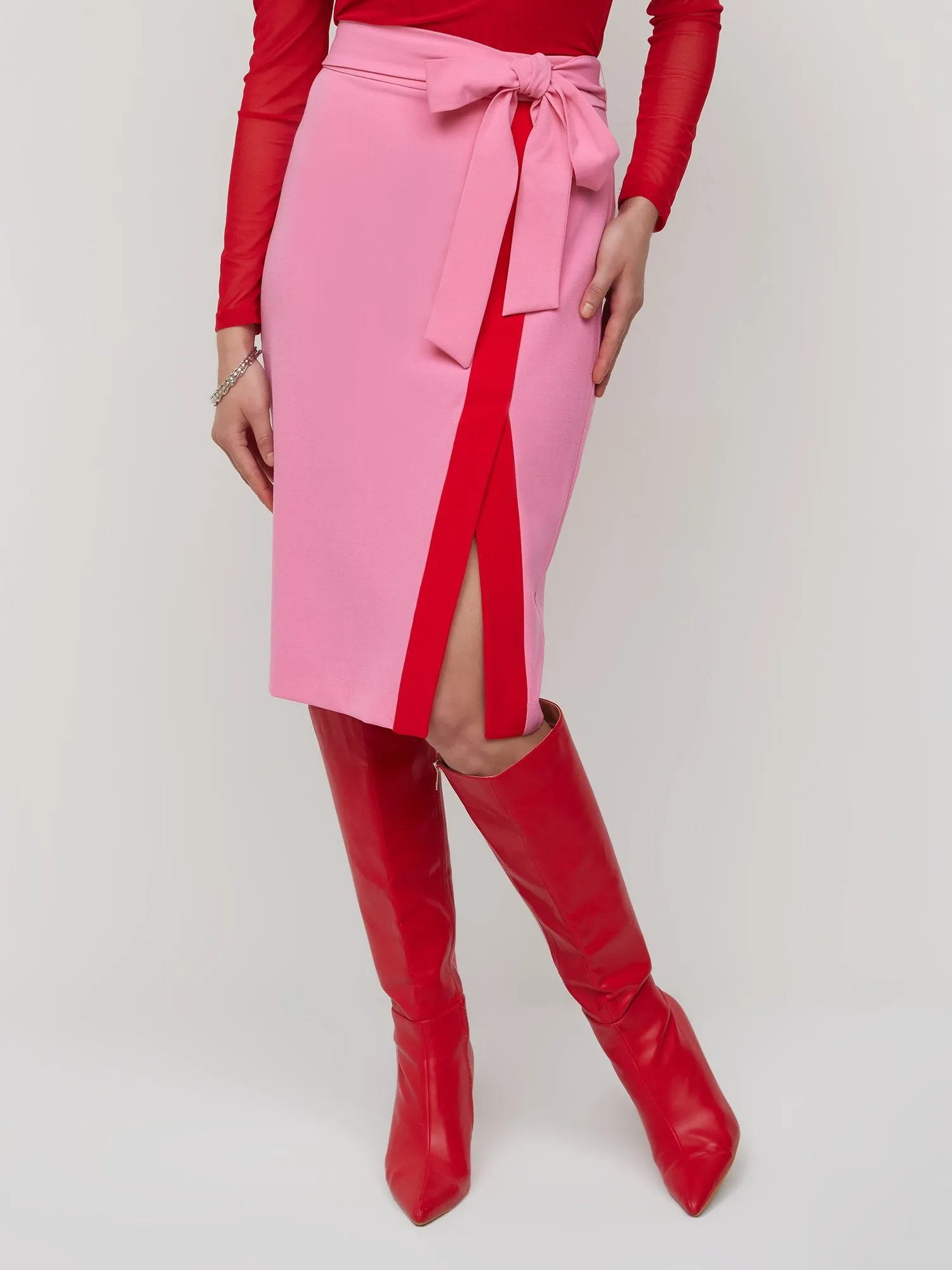 Colorblock Bow-Waist Slit-Front Pencil Skirt