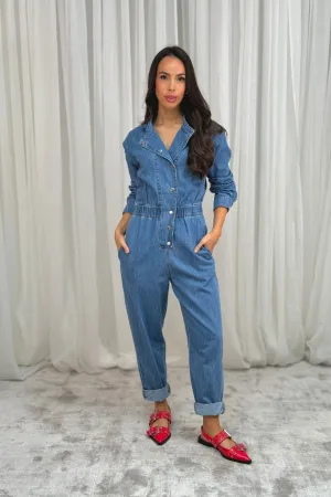 Cora Long Sleeve Jumpsuit In Mid Wash