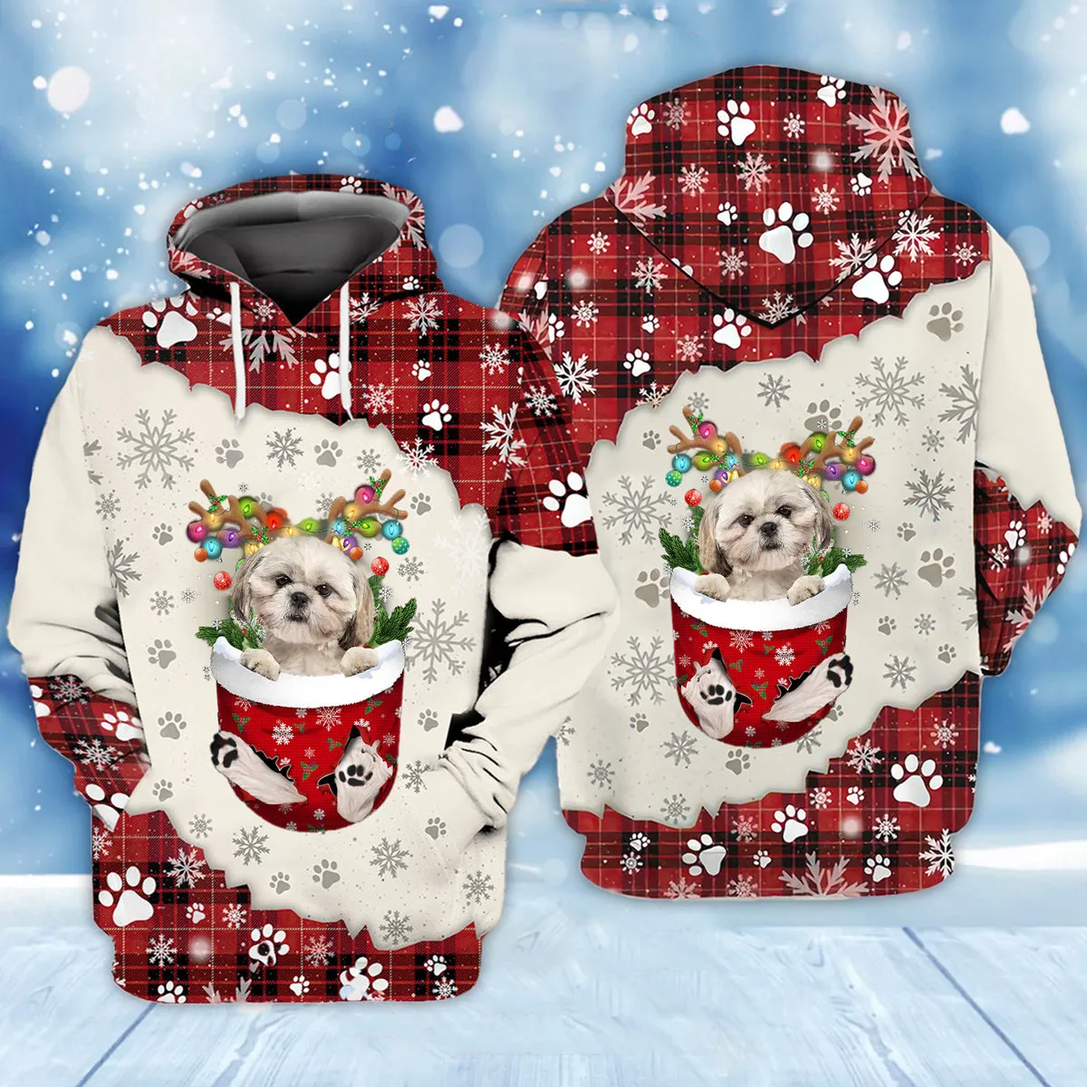 CREAM Shih Tzu In Snow Pocket Merry Christmas Unisex Hoodie