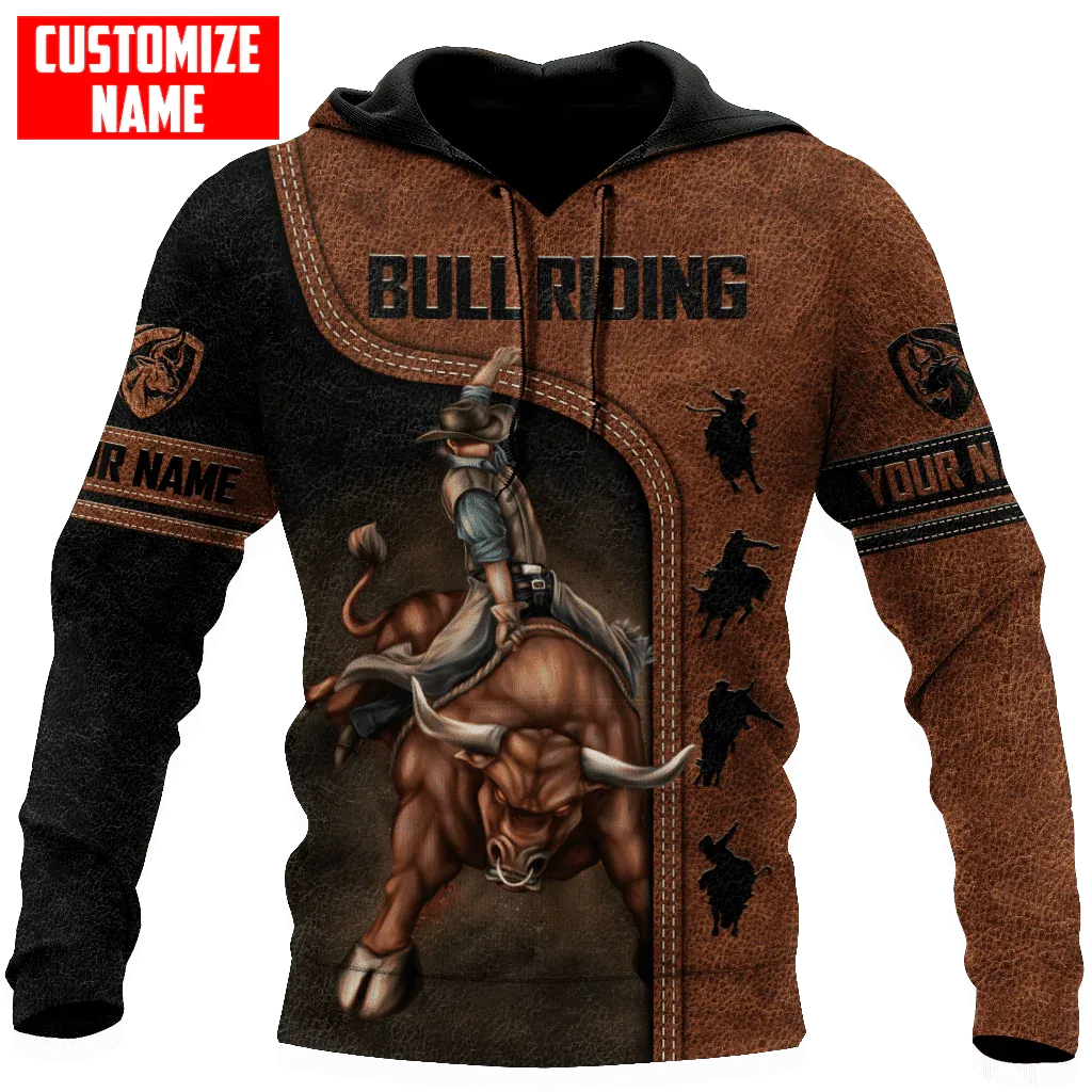 Custom Name 3D All Over Print Bull Riding Hoodie Brown Leather Pattern Cowboy Lover Gifts