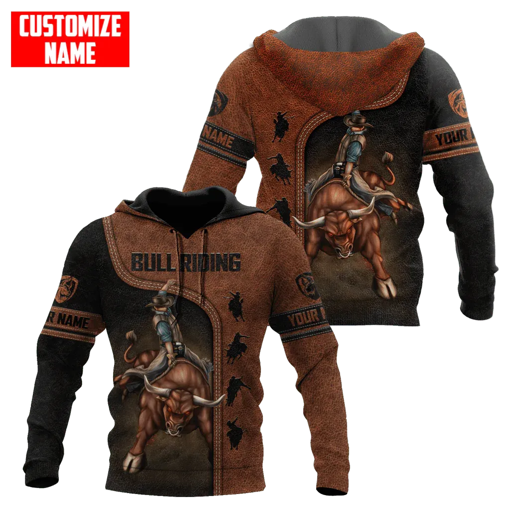 Custom Name 3D All Over Print Bull Riding Hoodie Brown Leather Pattern Cowboy Lover Gifts