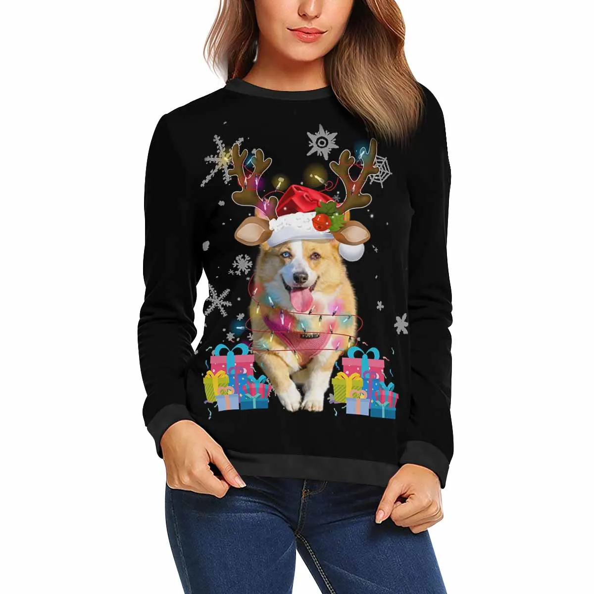 Custom Pet's Face Deer Women's All Over Print Crewneck Sweatshirt, Personalized Sweater With Photo