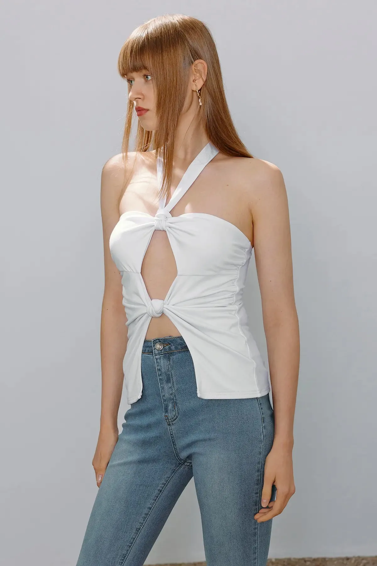 Cut Out Knot Front Halter Top