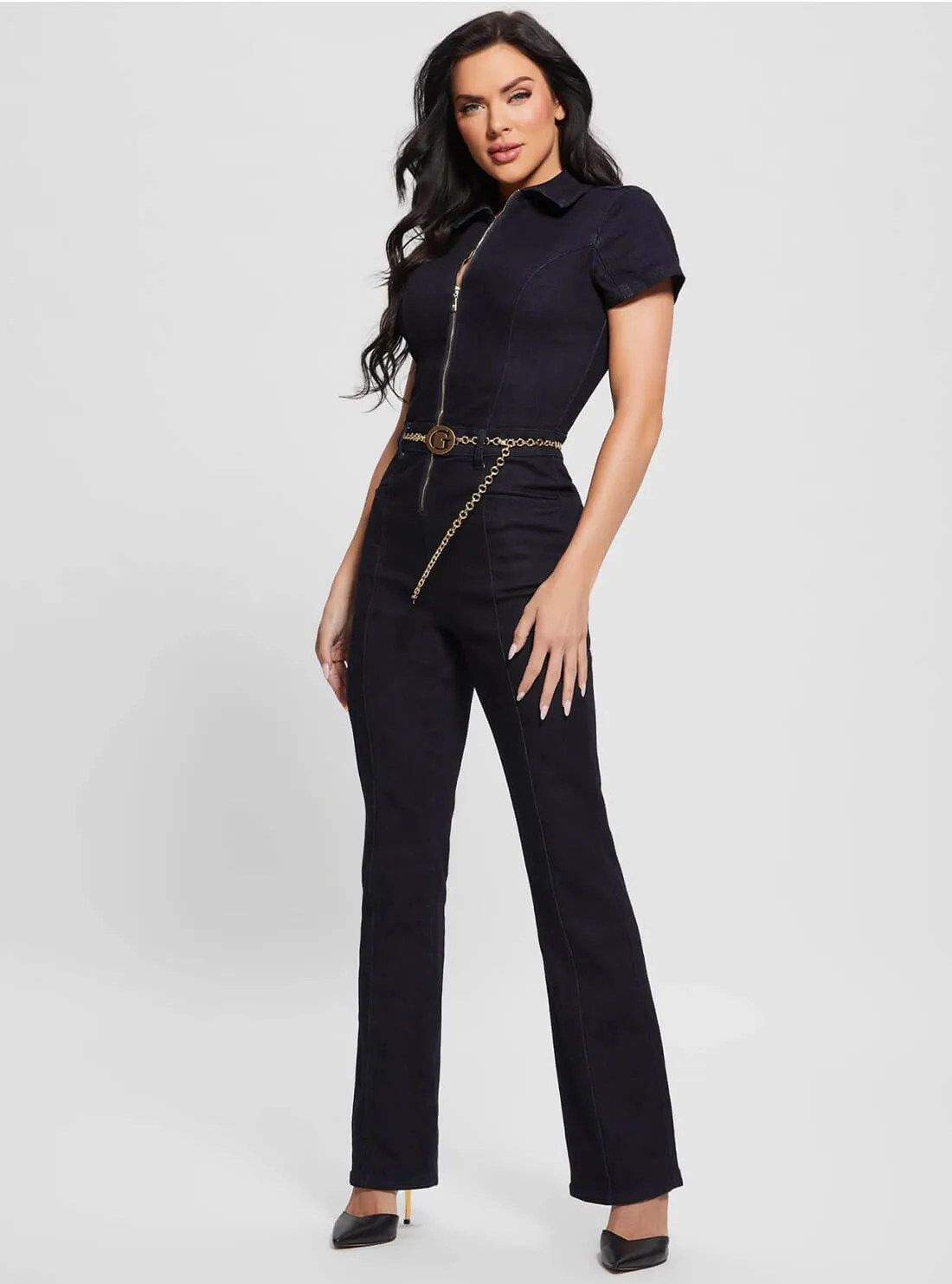 Dark Blue Ember Flare Denim Jumpsuit In Le Clique Wash