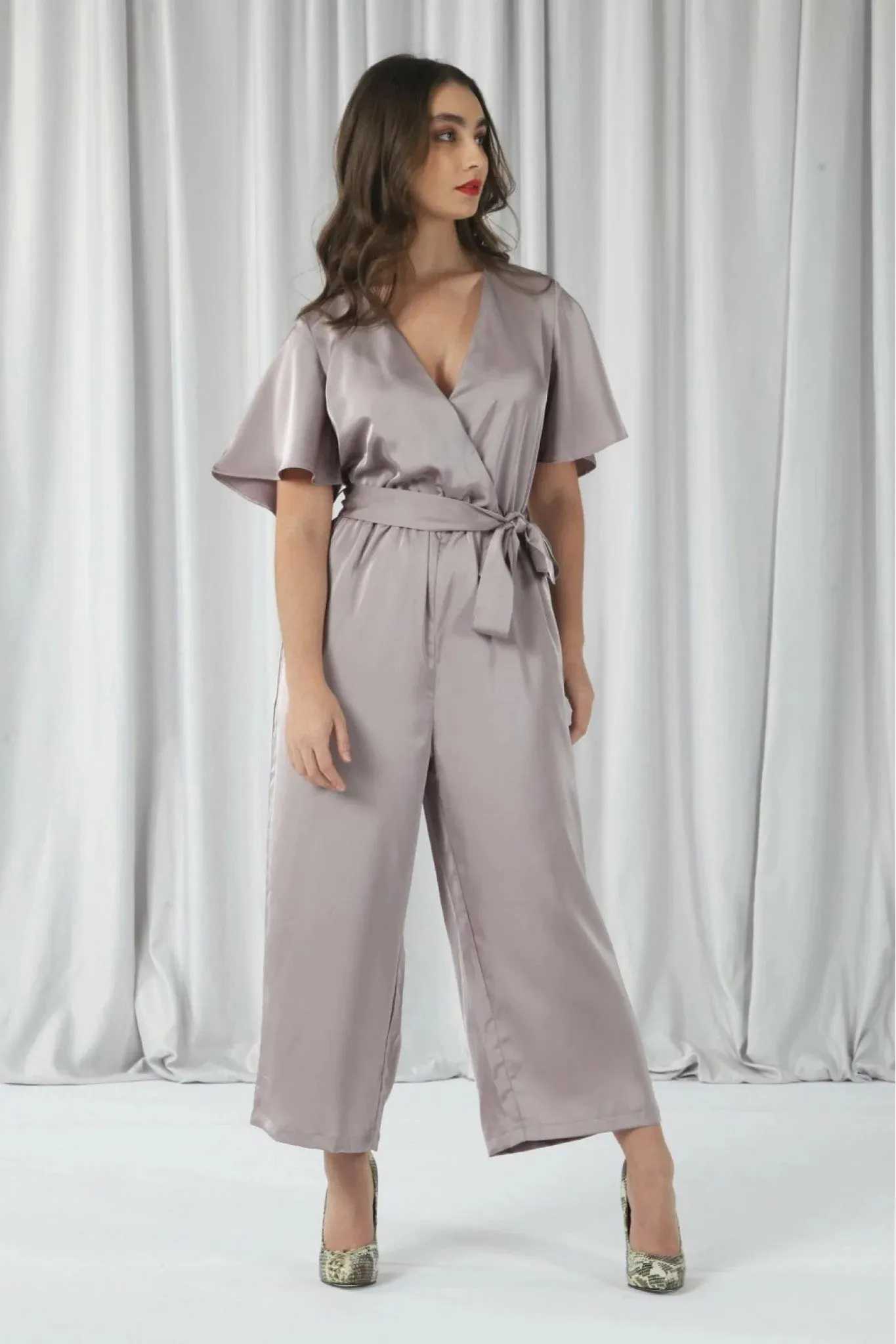 Double Second Lilac Wrap Front Satin Jumpsuit