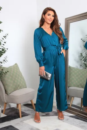 Double Second Teal Lux Satin Wrap Jumpsuit