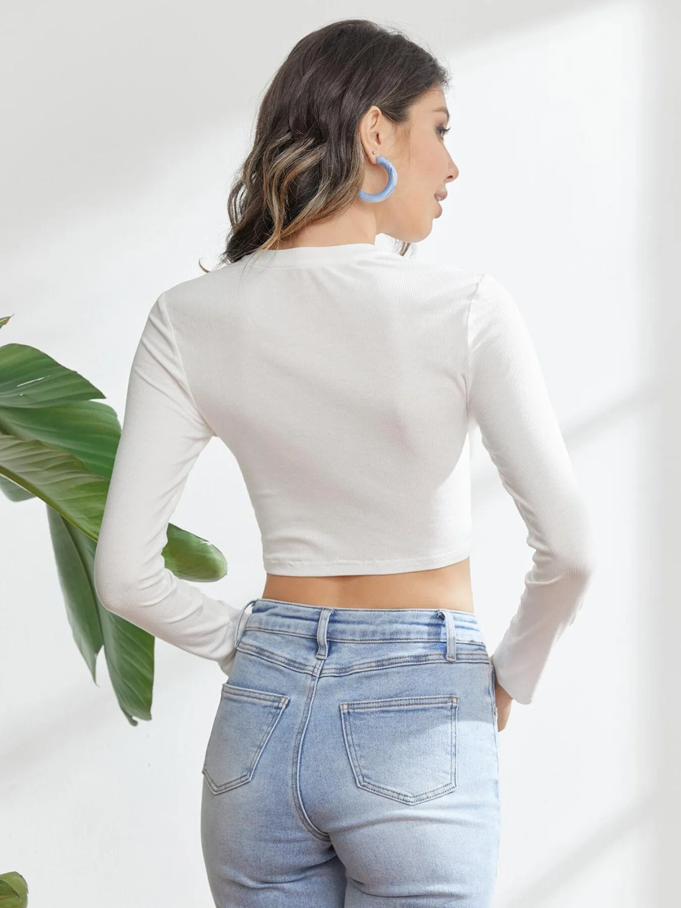 Drawstring Cut Out Long Sleeve Crop Top