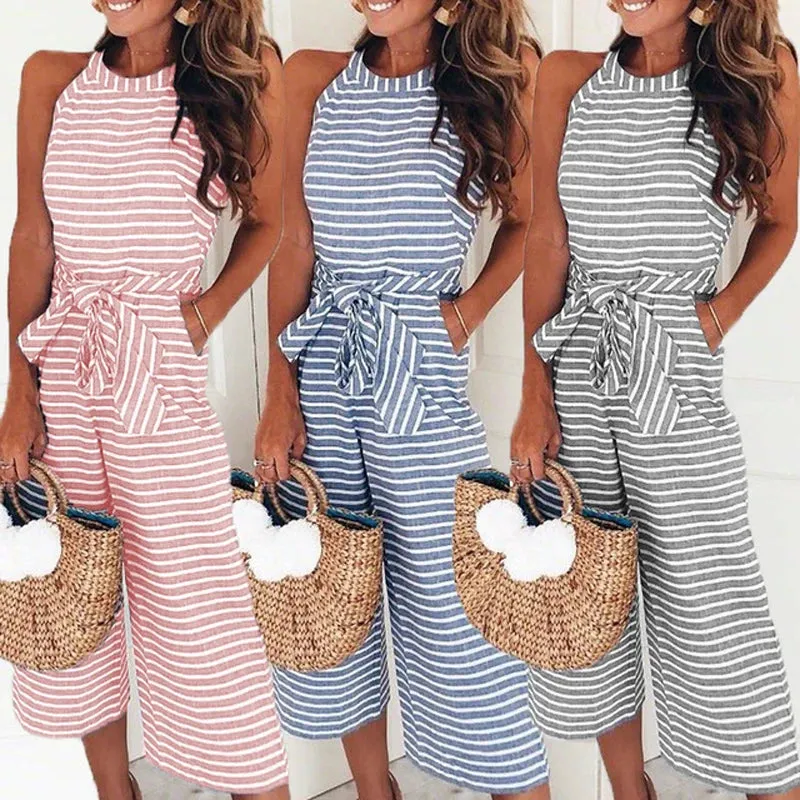 Elegant Sexy Jumpsuits Women Sleeveless Striped Jumpsuit Trousers Wide Leg Pants Rompers Loose Style Belted Leotard Overalls