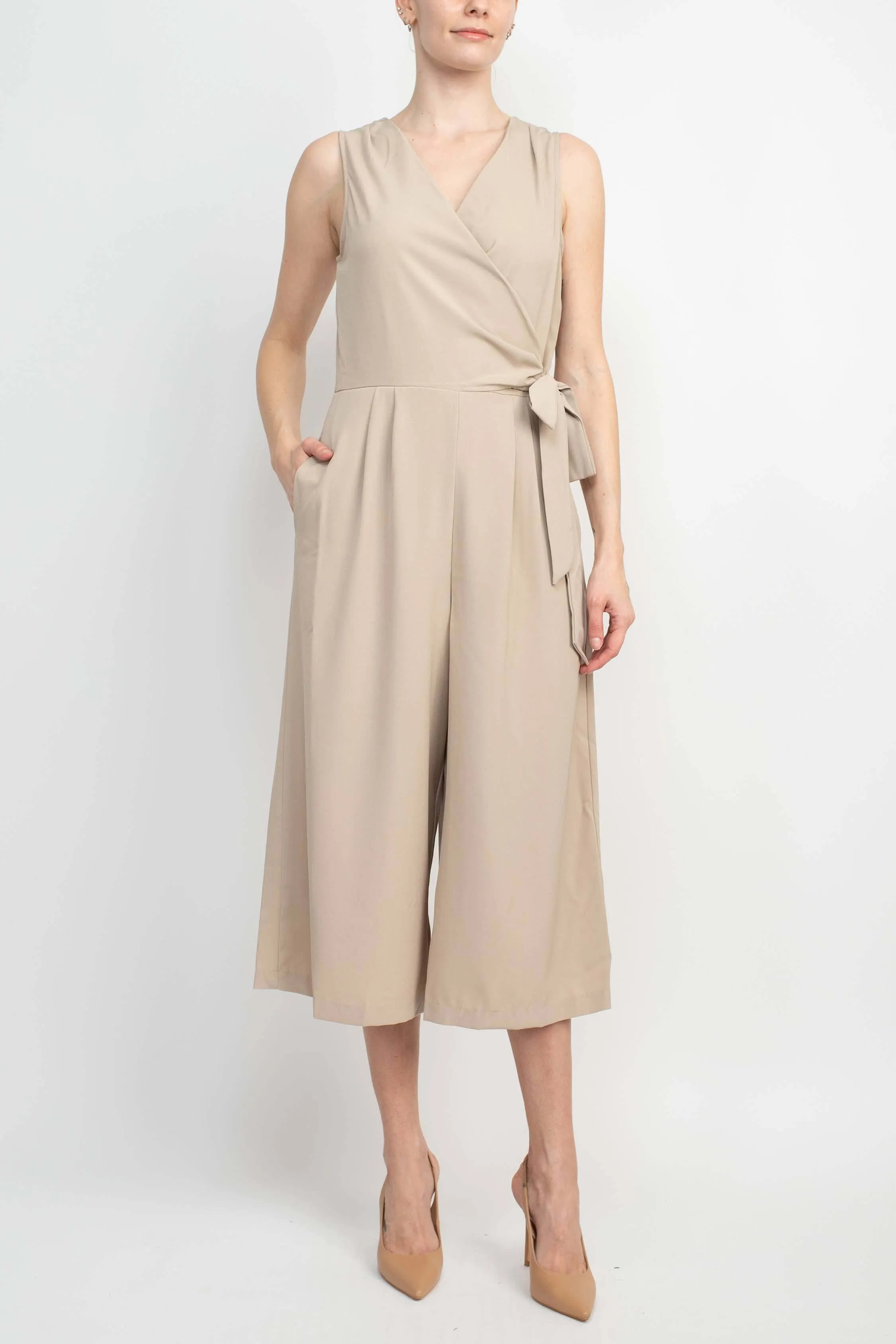 Emma & Michele V-Neck Sleeveless Tie Side Solid Pockets Crepe Jumpsuit