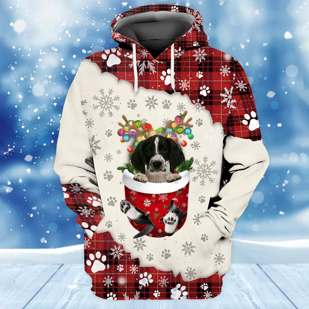 English Springer Spaniel In Snow Pocket Merry Christmas Unisex Hoodie