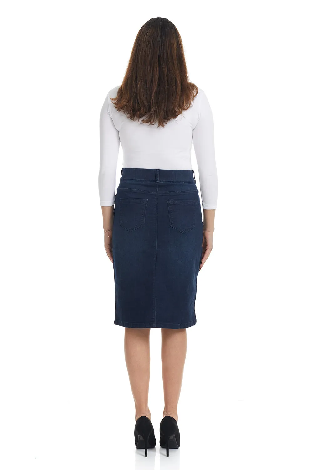 Esteez MANHATTAN Denim Skirt - Straight Knee Length Pull On Stretchy Jean Skirt for WOMEN - DARK BLUE