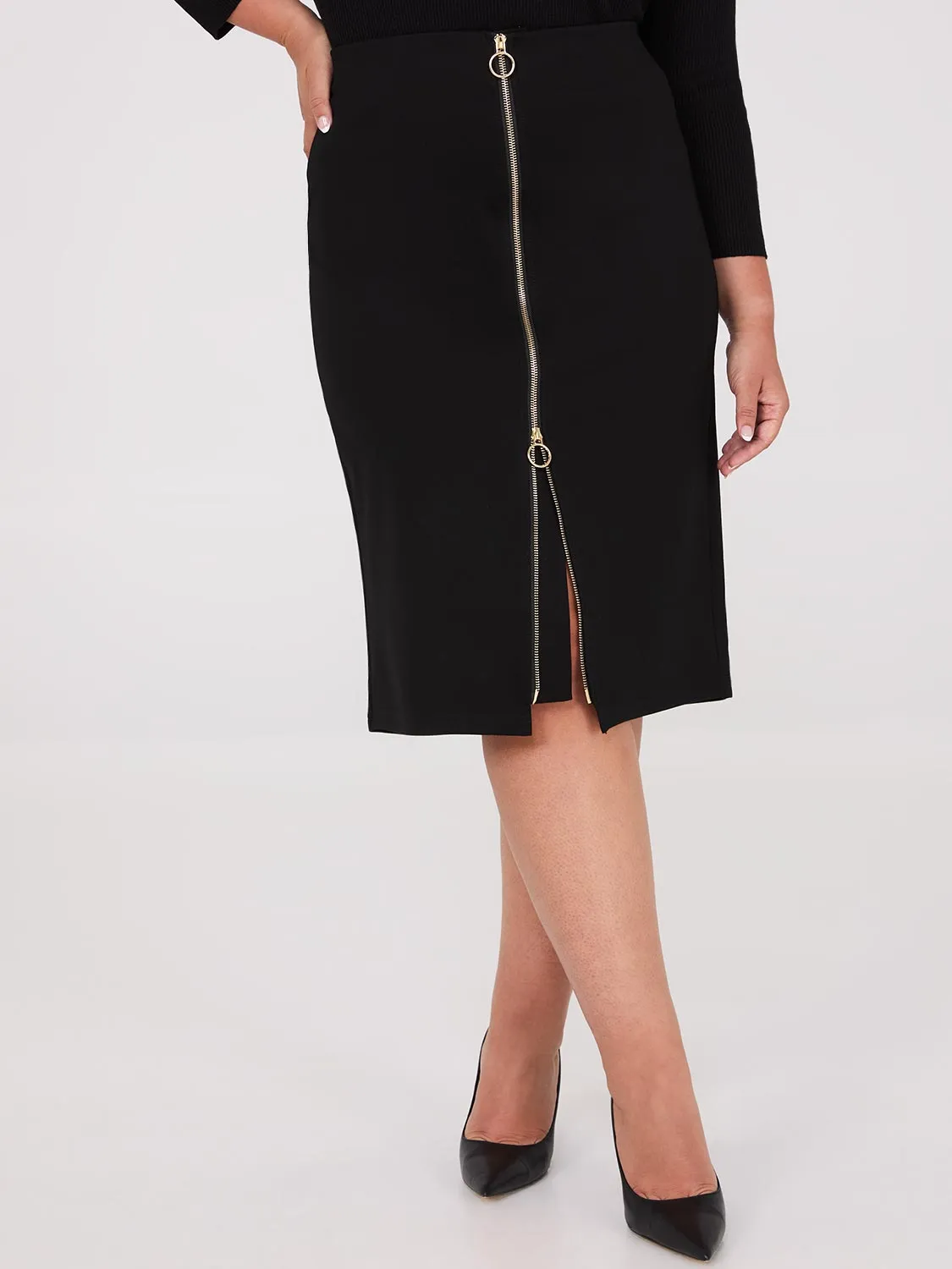 Exposed Zipper Front Pencil Skirt