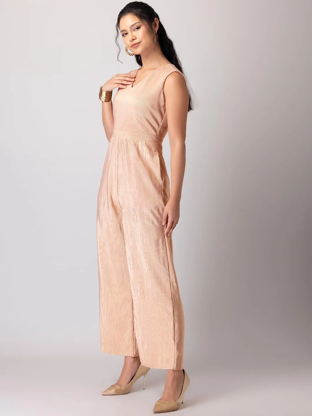 FabAlley Light Pink V-Neck Pleated Jumpsuit