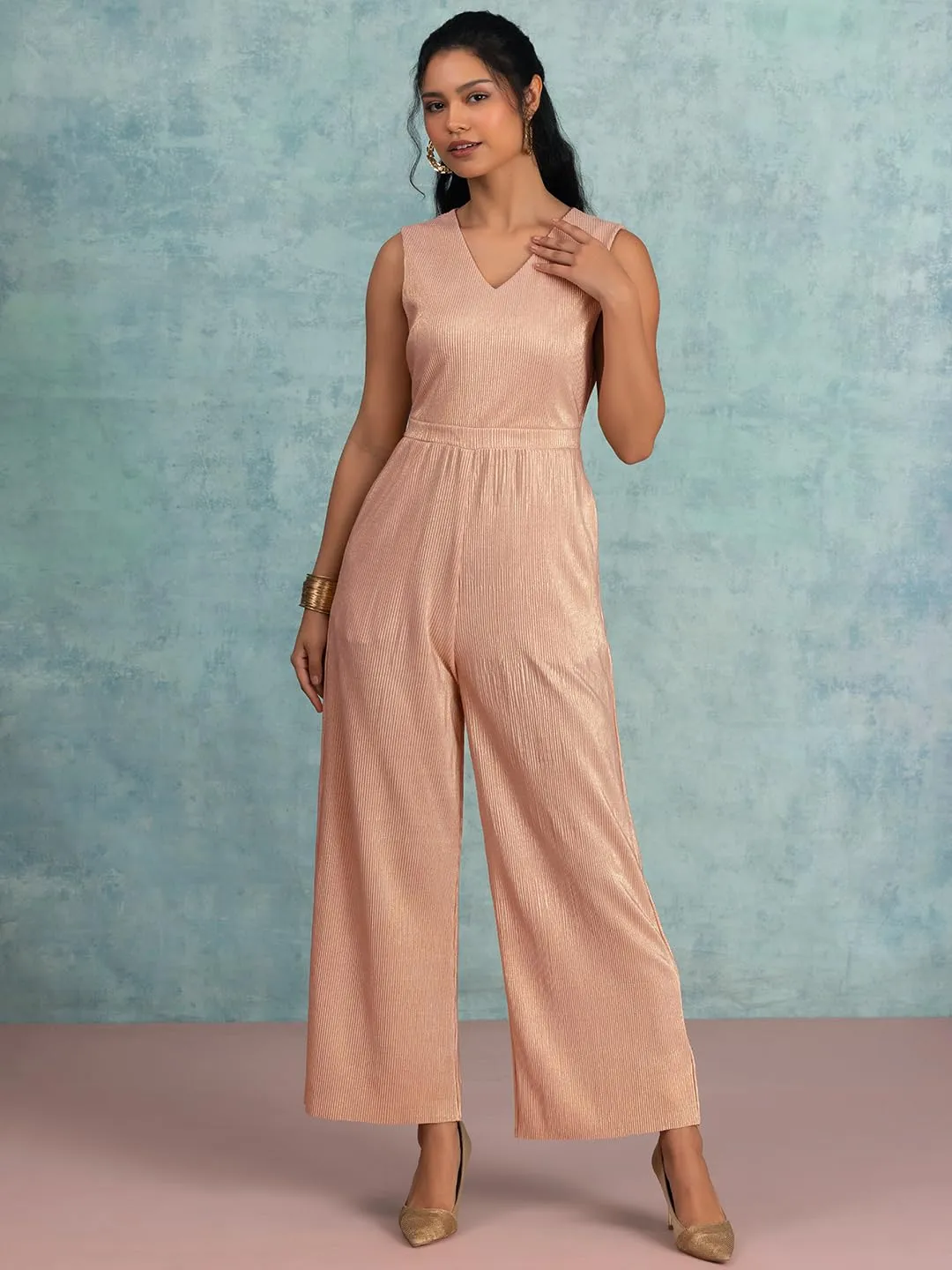 FabAlley Light Pink V-Neck Pleated Jumpsuit