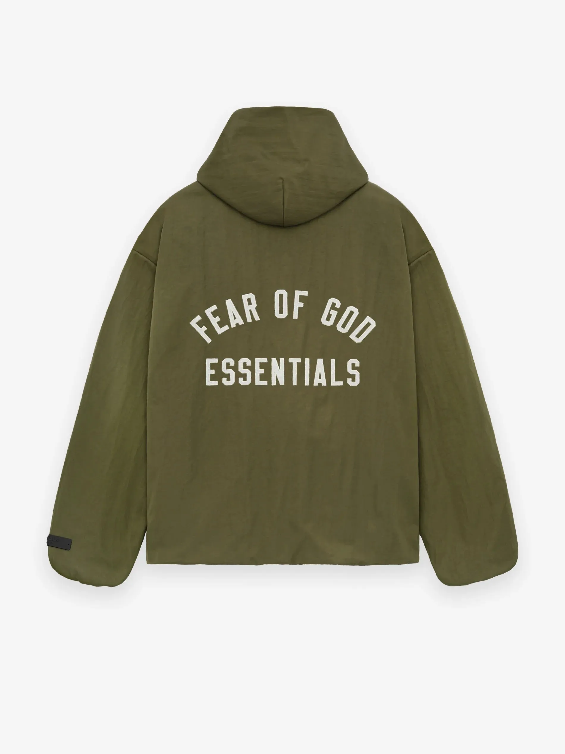 Fear of God Essentials Textured Nylon Hooded Coaches Jacket in Military