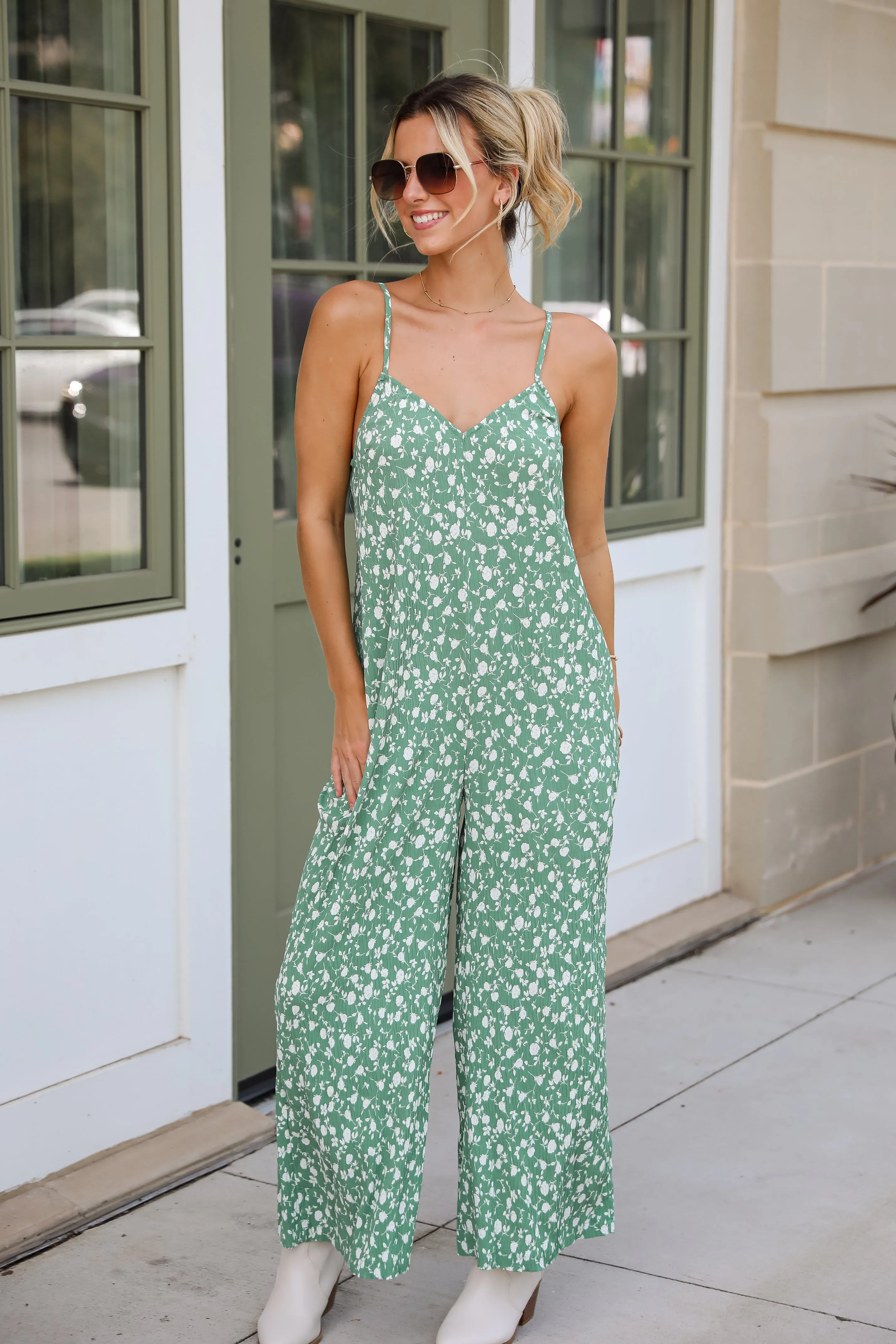 FINAL SALE - Bright Perspective Green Floral Wide Leg Jumpsuit