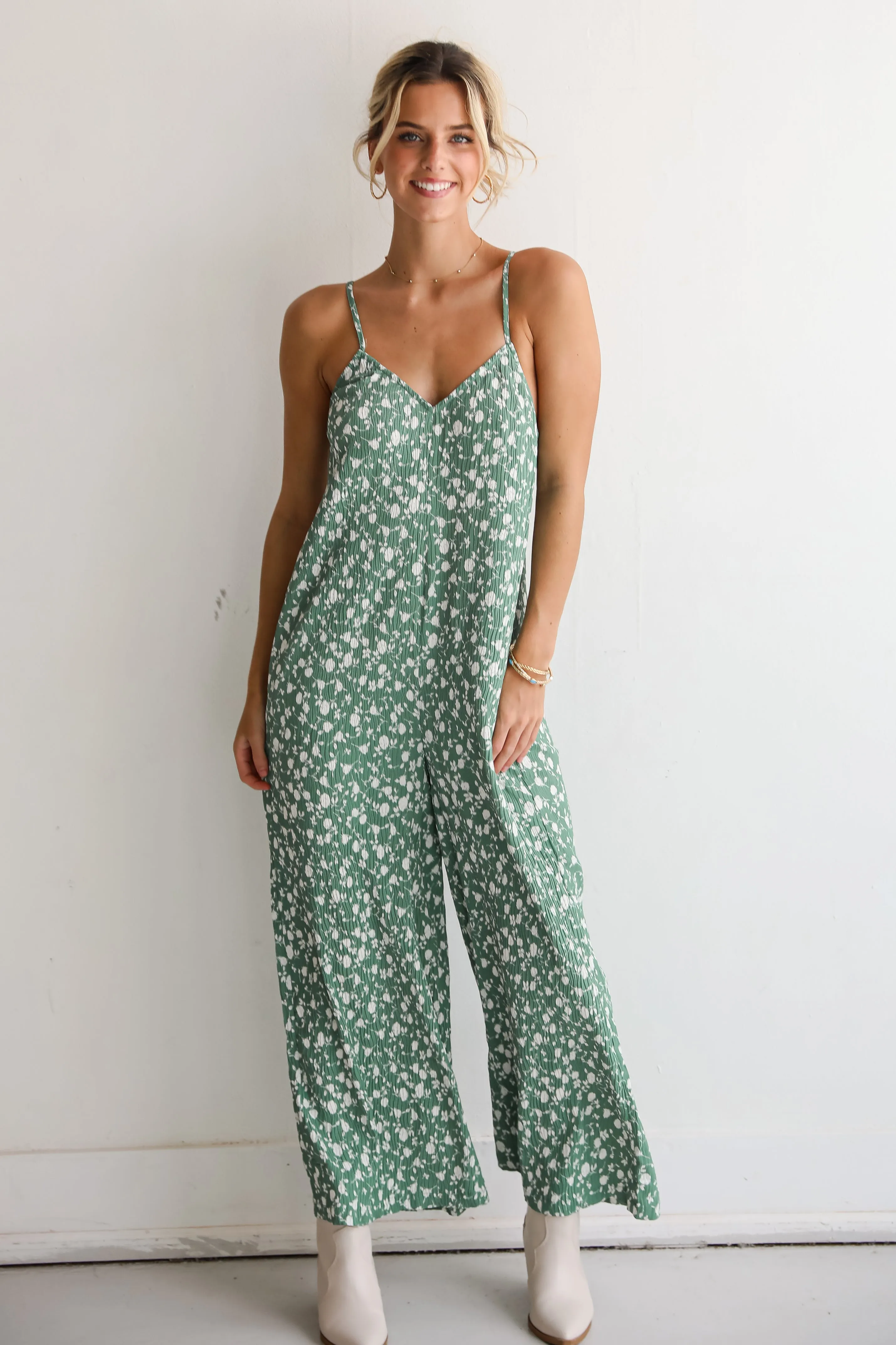 FINAL SALE - Bright Perspective Green Floral Wide Leg Jumpsuit