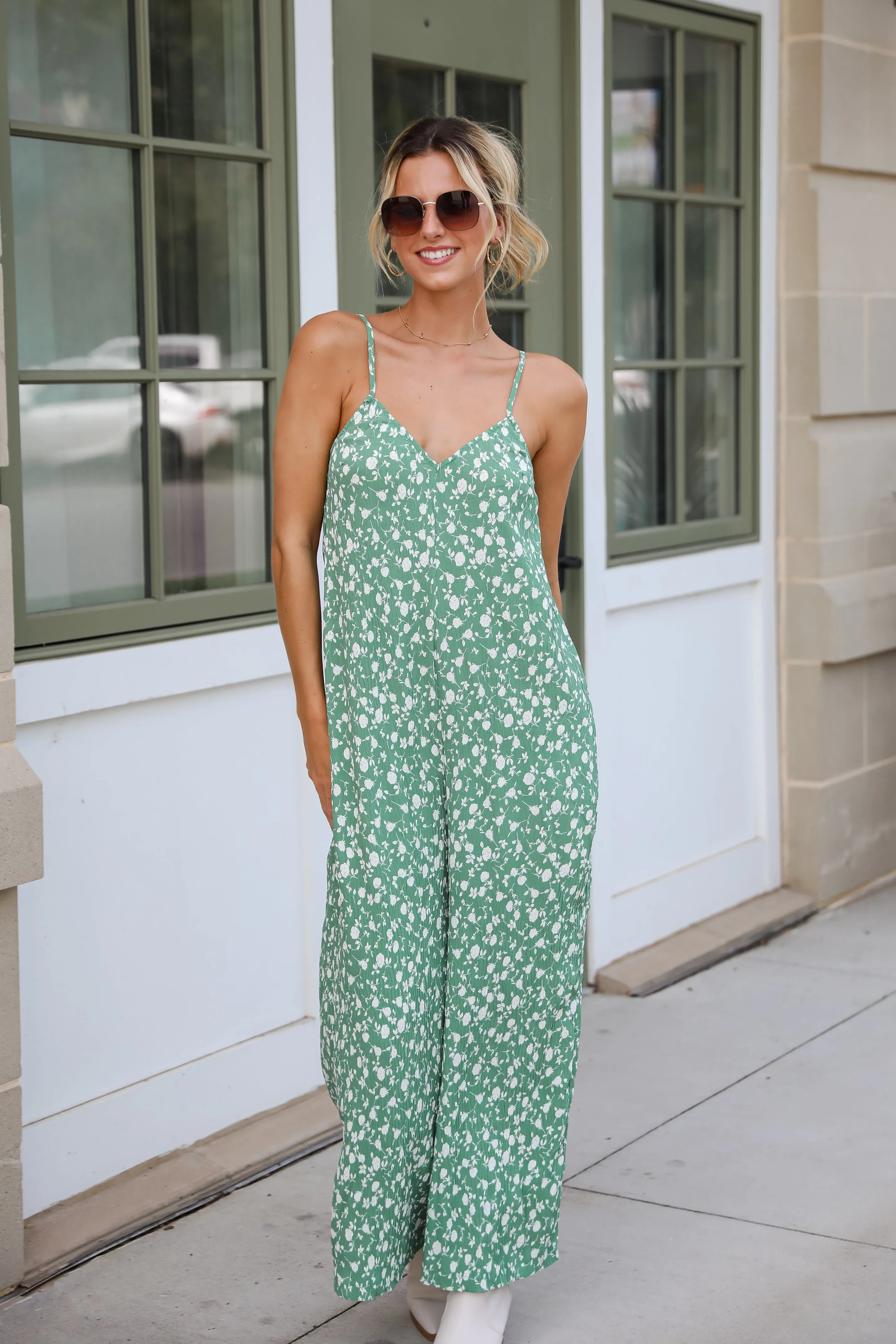 FINAL SALE - Bright Perspective Green Floral Wide Leg Jumpsuit