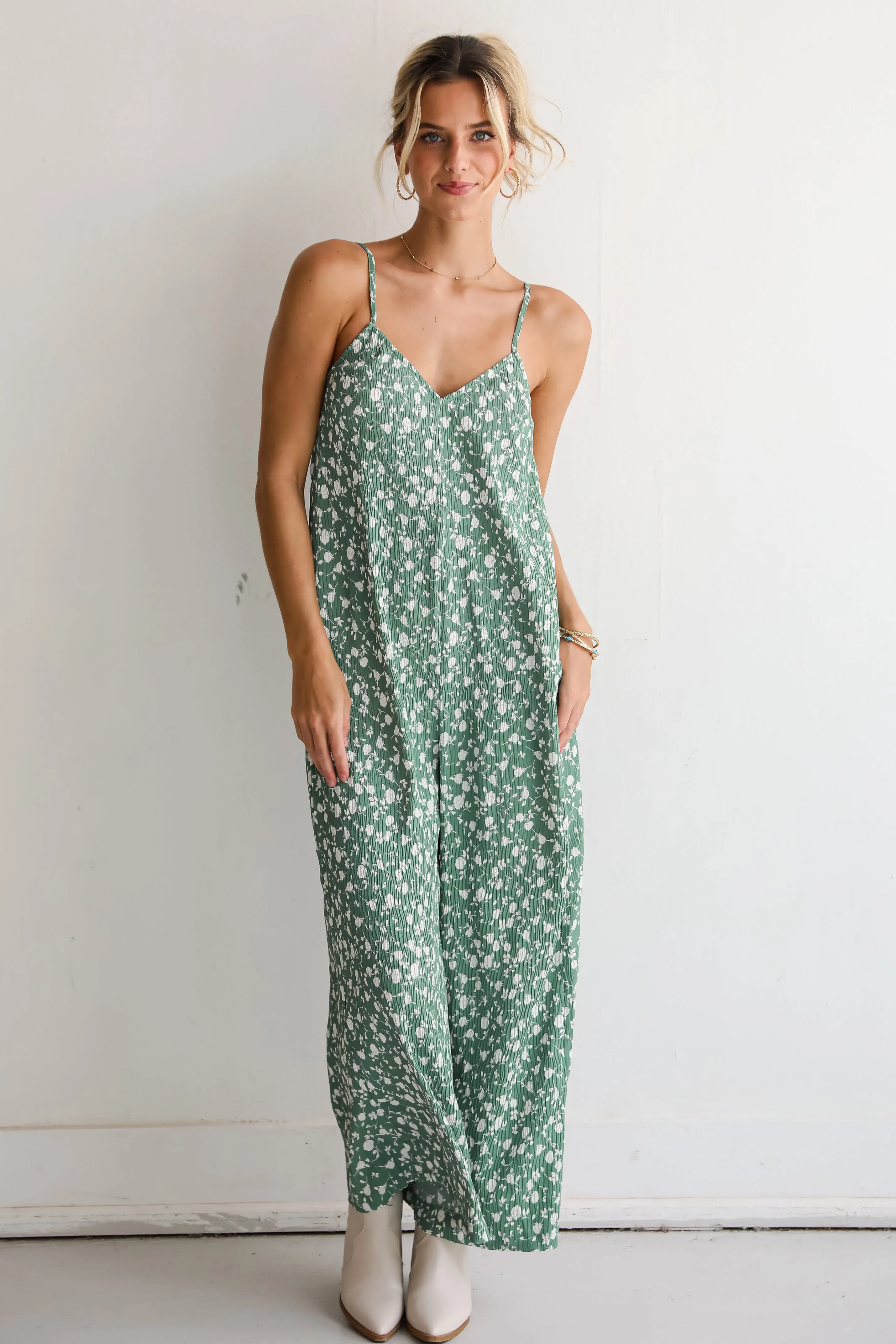 FINAL SALE - Bright Perspective Green Floral Wide Leg Jumpsuit