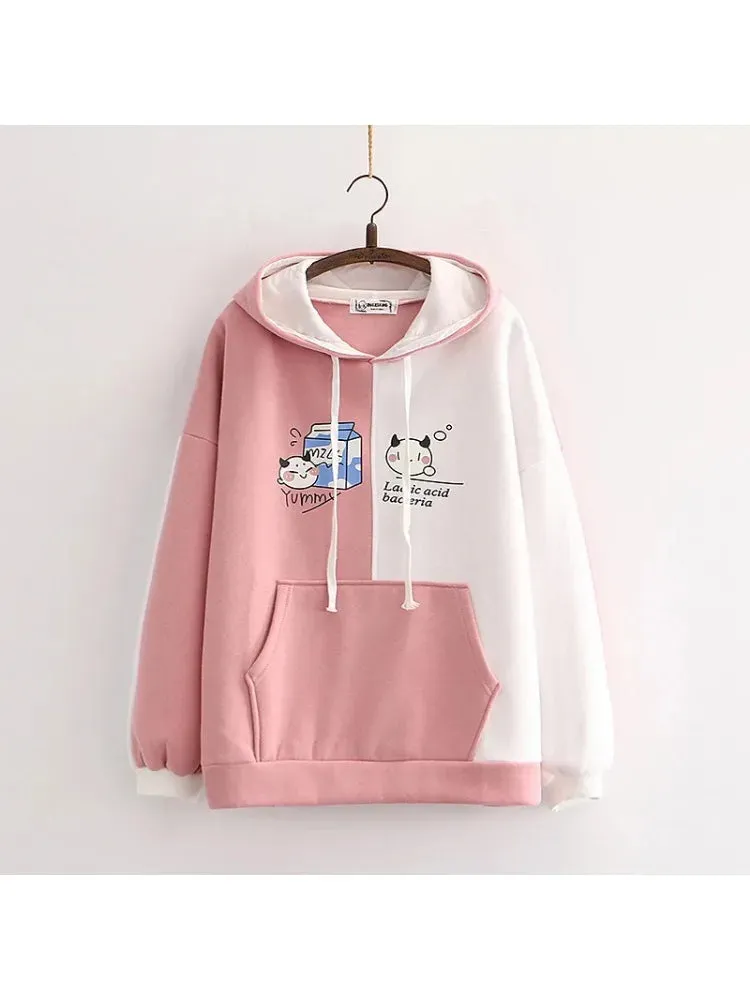 fleece plus velvet women hoodies and sweatshirt cartoon cat print patchwork cute hooded pullover for sweet style  Tracksuits