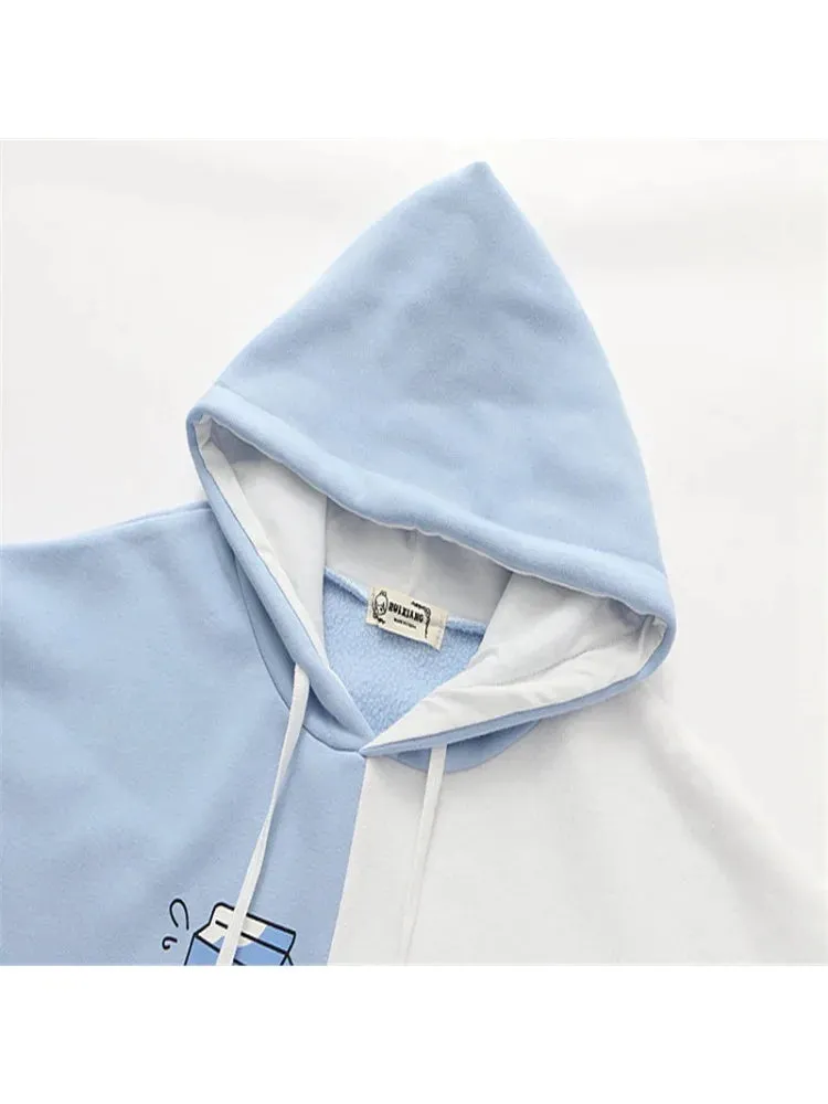 fleece plus velvet women hoodies and sweatshirt cartoon cat print patchwork cute hooded pullover for sweet style  Tracksuits