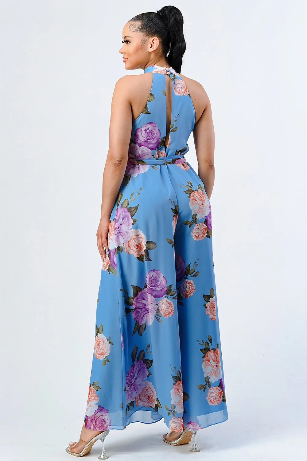 FLORAL CHIFFON MOCK NECK WAIST TIE WIDE LEGS JUMPSUIT