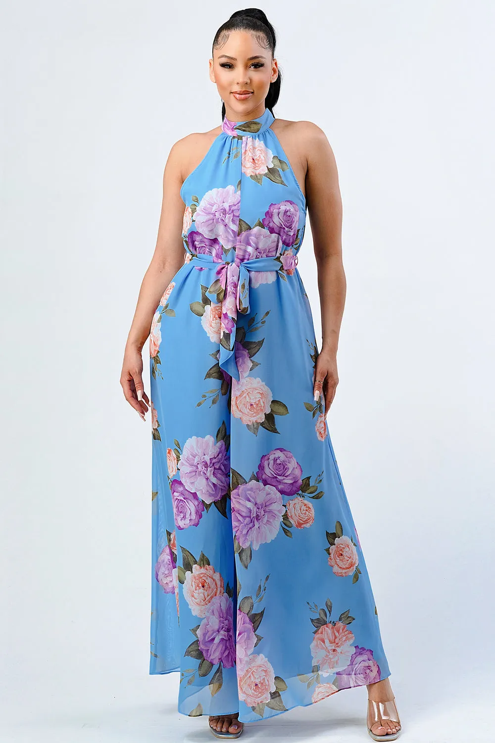 FLORAL CHIFFON MOCK NECK WAIST TIE WIDE LEGS JUMPSUIT