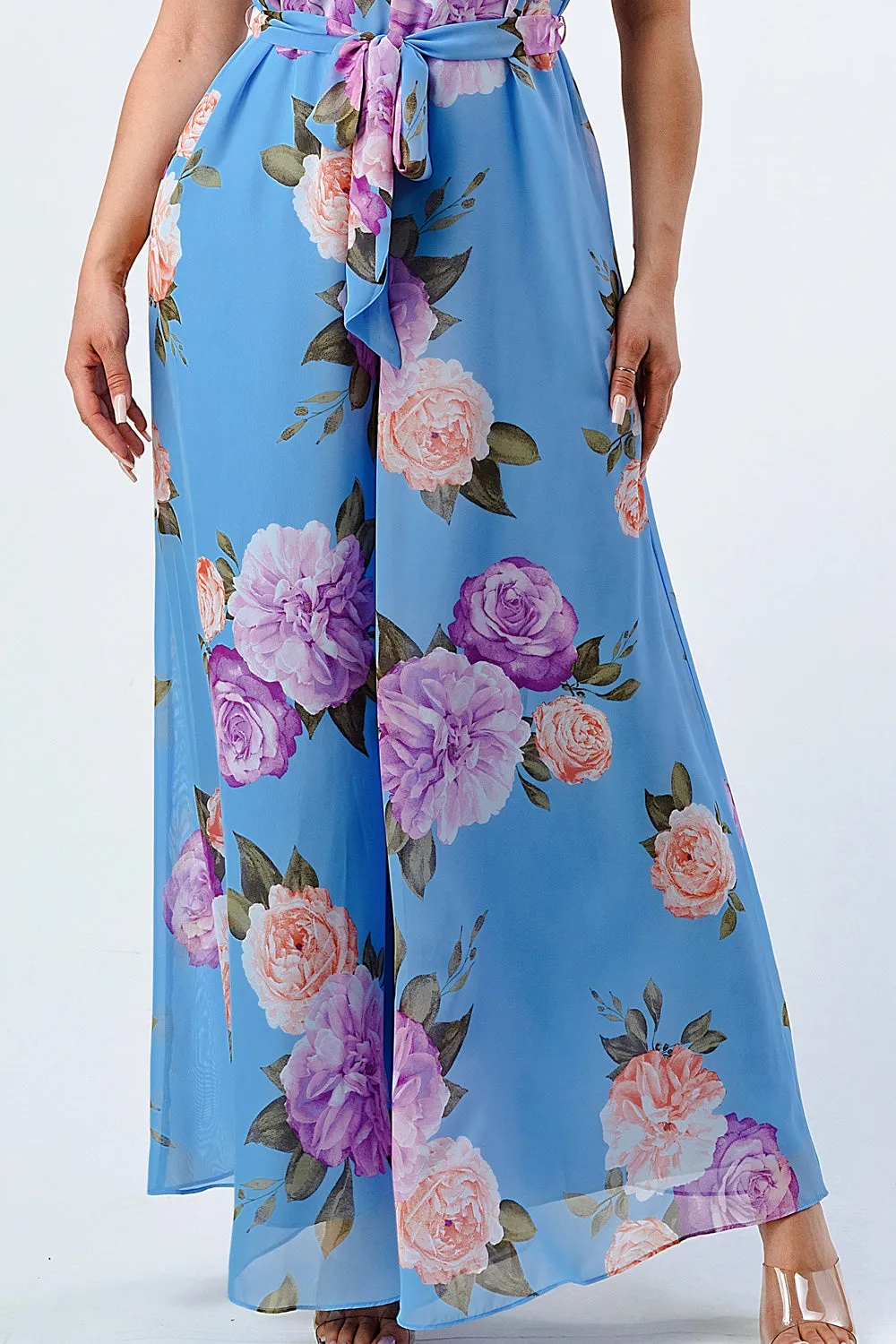 FLORAL CHIFFON MOCK NECK WAIST TIE WIDE LEGS JUMPSUIT