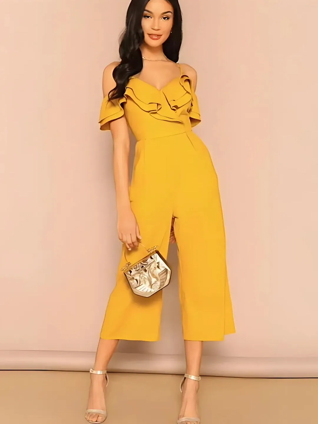 Flounce and Flair: High Waist Yellow Party Jumpsuit