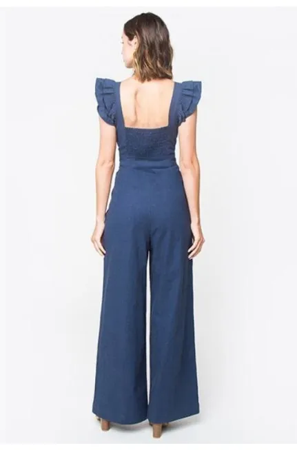 Flutter Sleeve Cutout Denim Jumpsuit