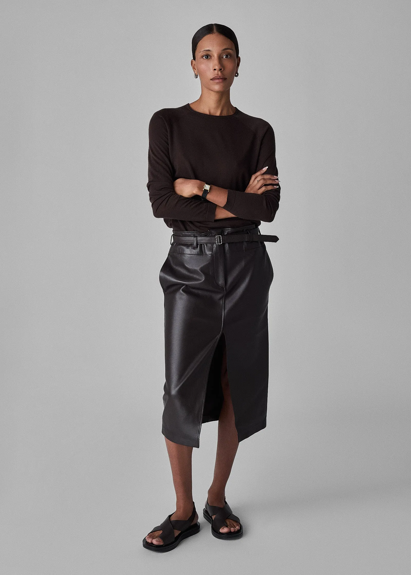 Front Slit Pencil Skirt in Leather