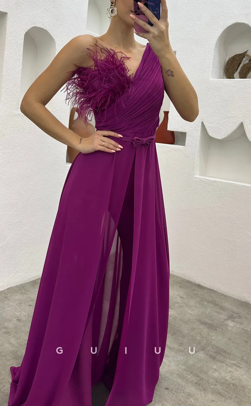 G3497 - Chic & Modern Sheath One Shoulder Feather Sash Jumpsuit Floor-Length Party Gown Prom Dress With Overlay