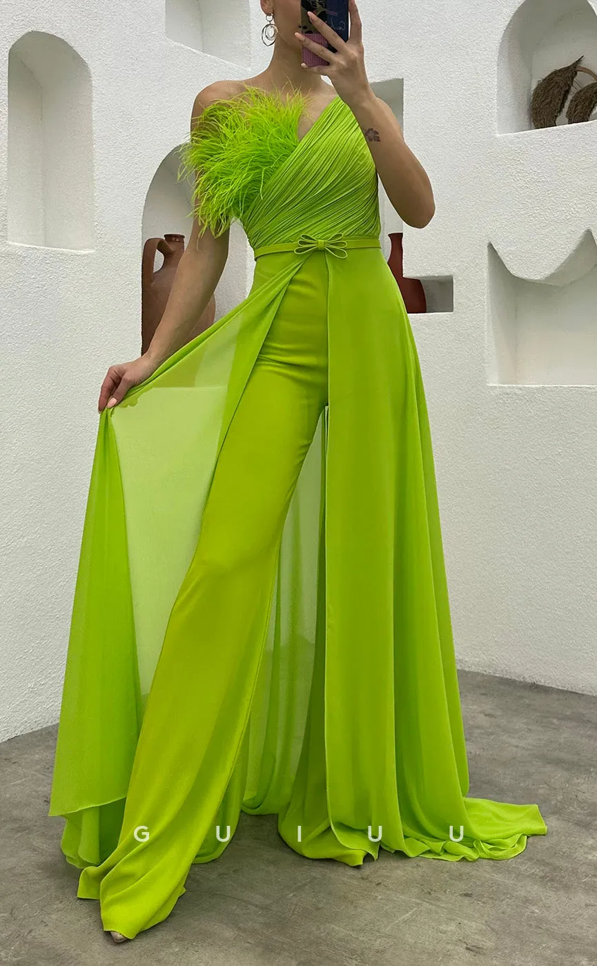 G3497 - Chic & Modern Sheath One Shoulder Feather Sash Jumpsuit Floor-Length Party Gown Prom Dress With Overlay