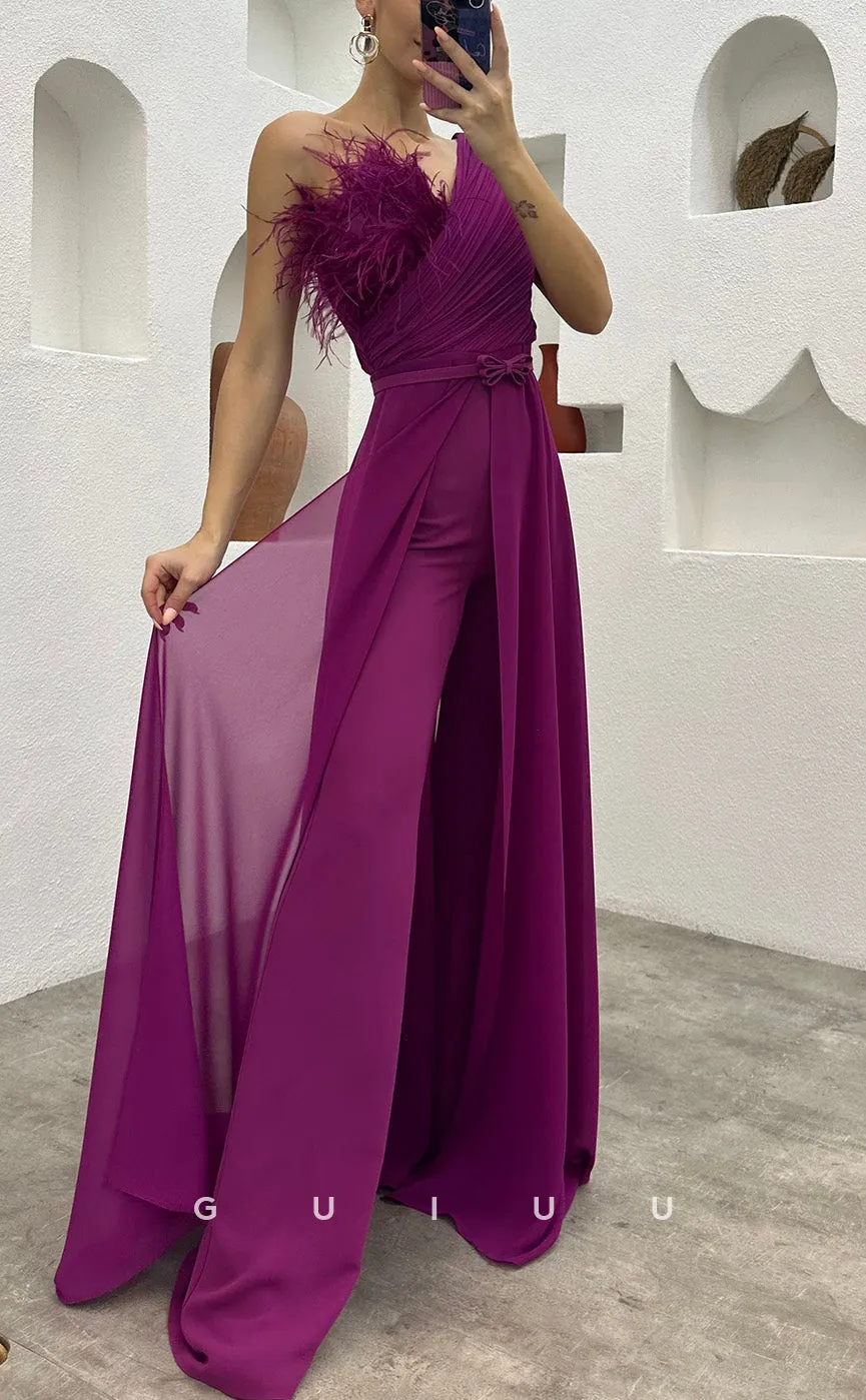 G3497 - Chic & Modern Sheath One Shoulder Feather Sash Jumpsuit Floor-Length Party Gown Prom Dress With Overlay