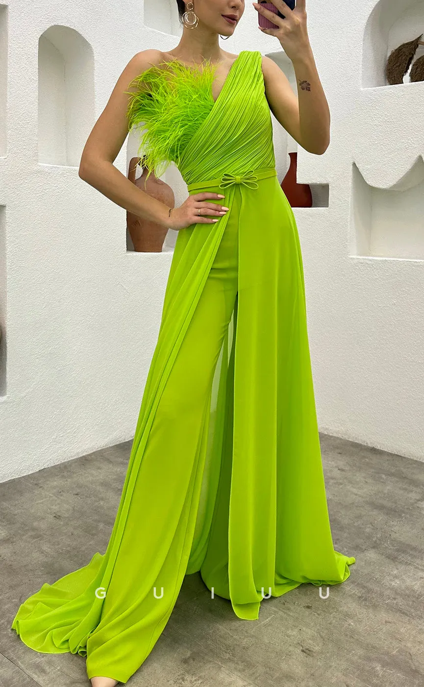 G3497 - Chic & Modern Sheath One Shoulder Feather Sash Jumpsuit Floor-Length Party Gown Prom Dress With Overlay