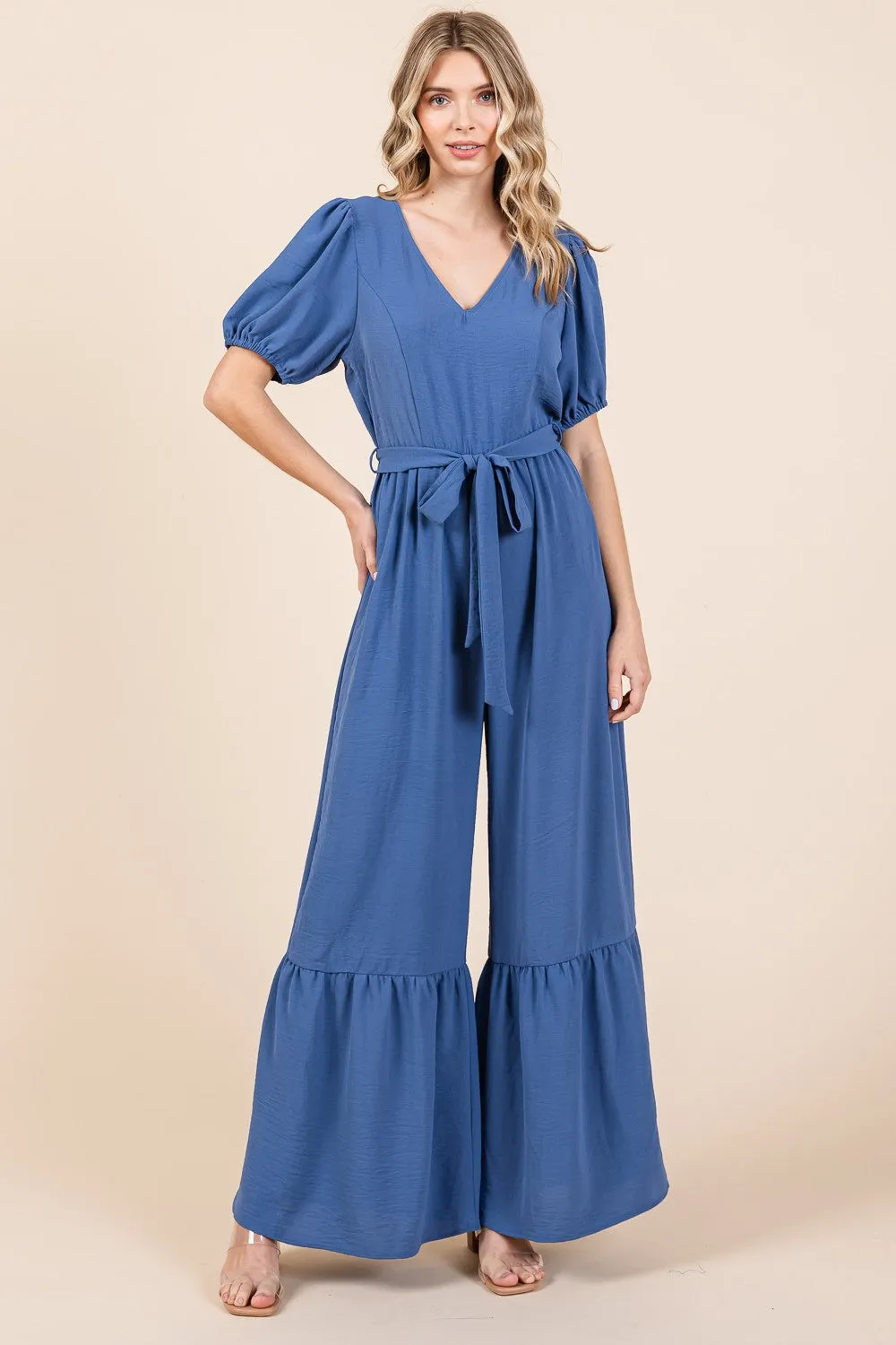 GeeGee Full Size V-Neck Belted Wide Leg Jumpsuit