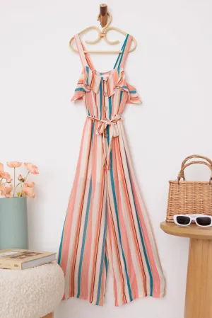 Girls Boho Striped Sleeveless Belted Ruffle Jumpsuit