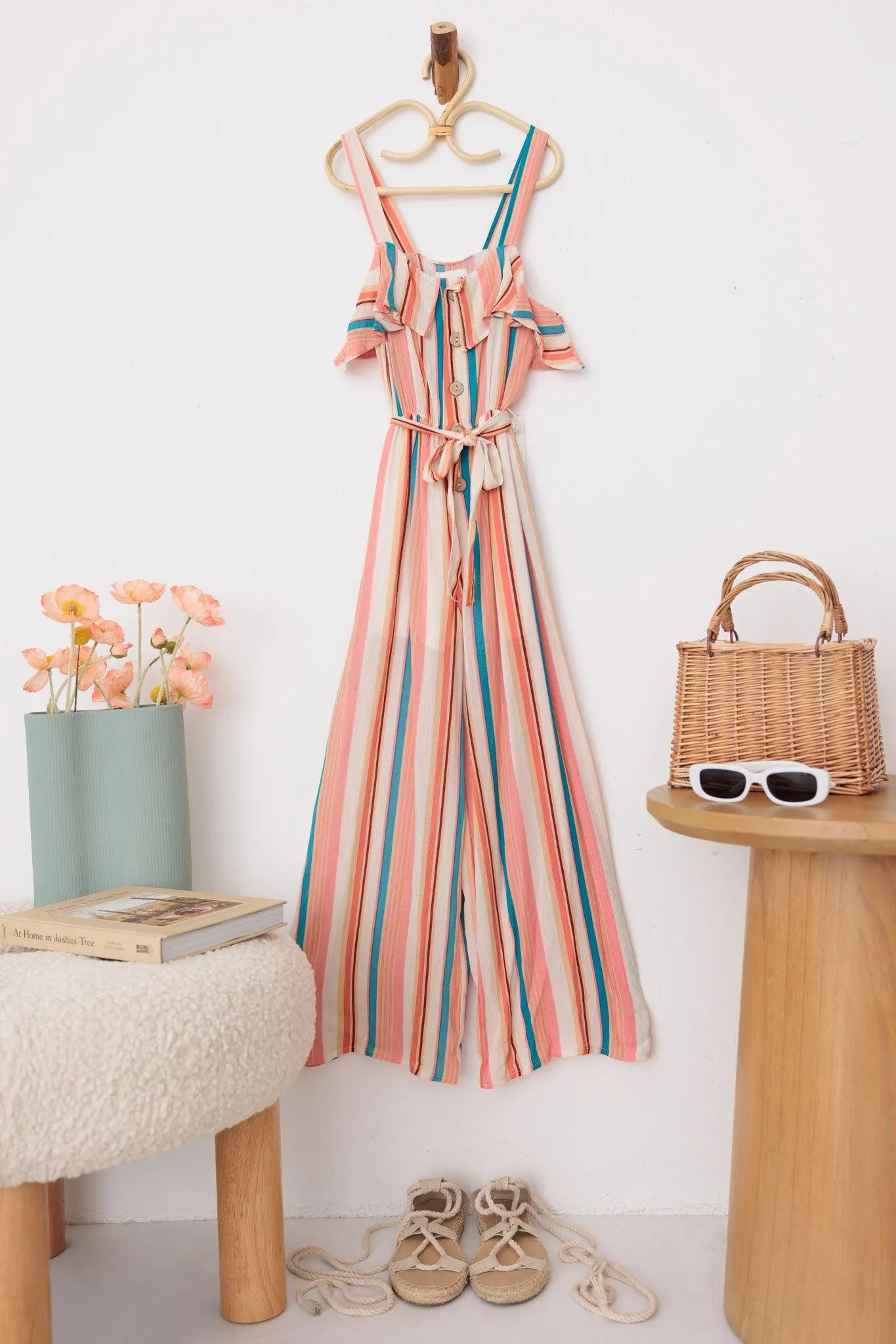 Girls Boho Striped Sleeveless Belted Ruffle Jumpsuit