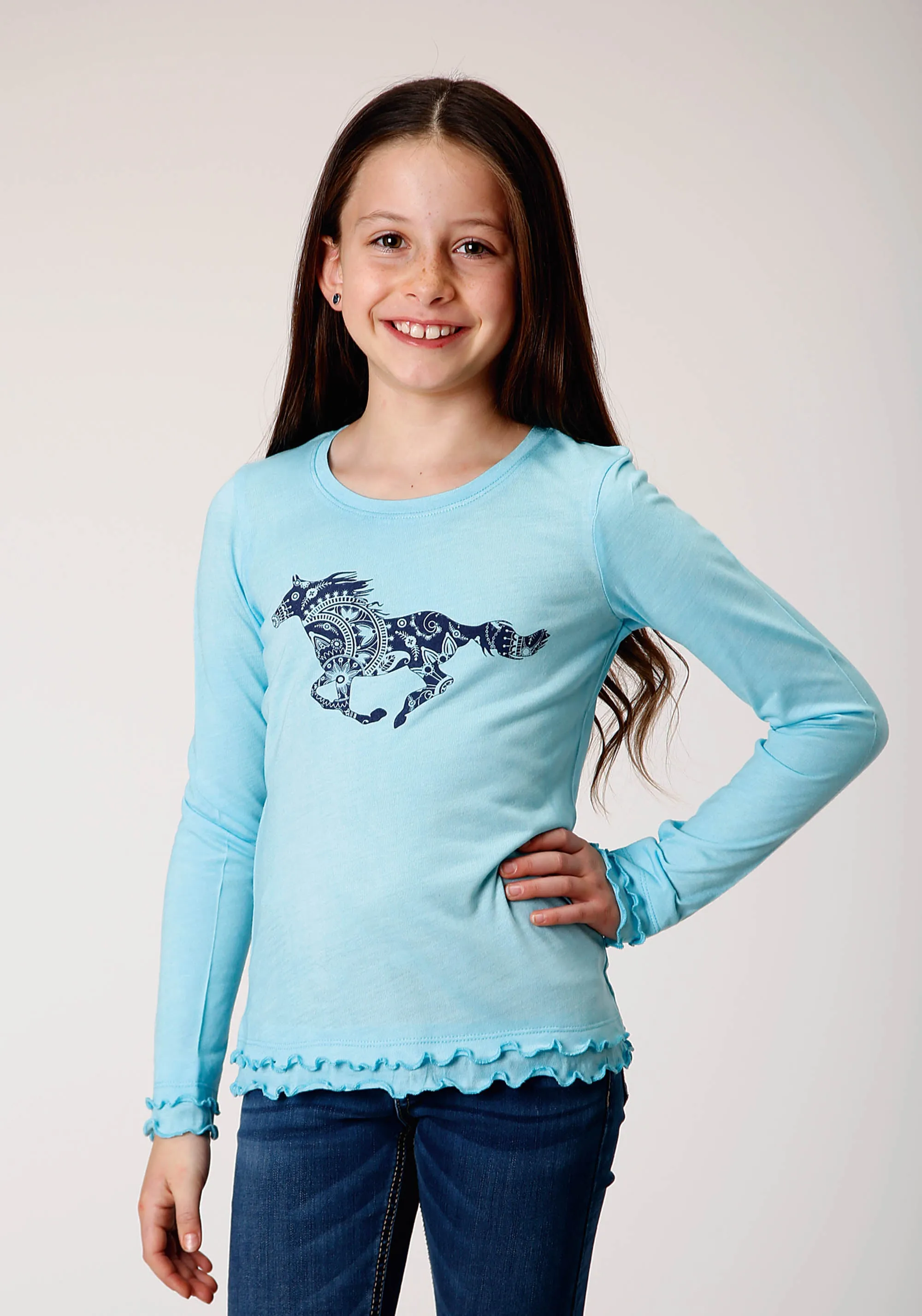 GIRLS LONG SLEEVE KNIT POLY RAYON LIGHT BLUE JERSEY LONG SLEEVE  T T-SHIRT