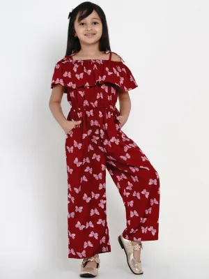 Girl's Maroon & White Printed Basic Jumpsuit  - NOZ2TOZ KIDS