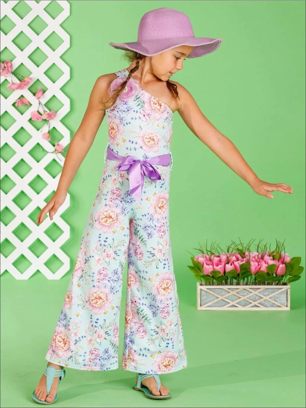 Girls One Shoulder Palazzo Jumpsuit with Flower Trim