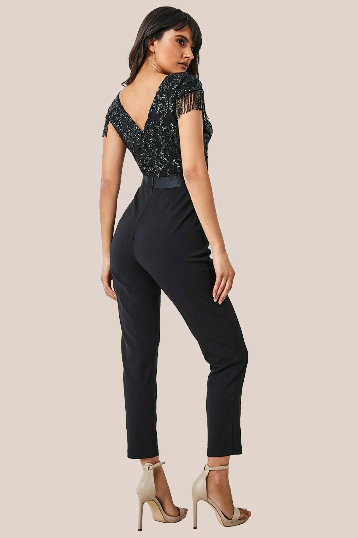 Goddiva Tassel Sequin Jumpsuit - Black